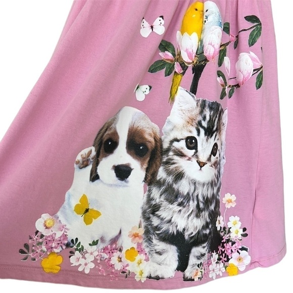 H&M Girls Pink Sleeveless Sundress Dog Cat Bird Floral Graphic 8/10Y - Picture 2 of 11